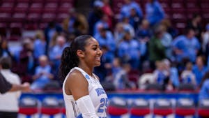 UNC junior guard Deja Kelly smiles after UNC’s NCAA Tournament first-round game against the St. John’s Red Storm in the Schottenstein Center in Columbus, Ohio on Saturday, March 18, 2023. The Tar Heels won 61-59.