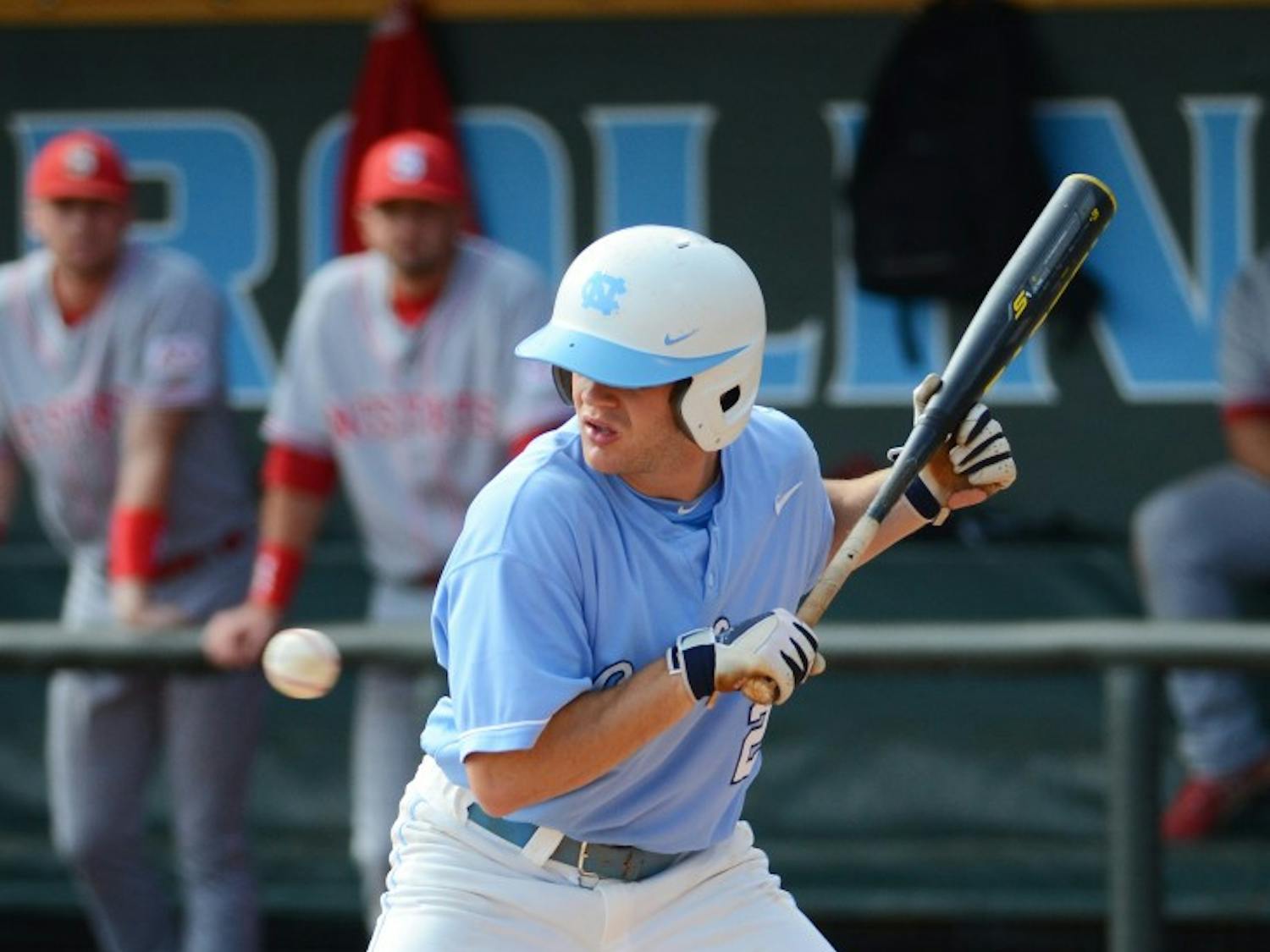 Junior Chaz Frank pulls back his bat at a called ball in Carolina's 3-1 loss to NC State at Boshamer Stadium in Chapel Hill Saturday, March 24th. 