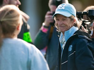 Head Coach Karen Shelton beams with pride after her team won the NCAA Championship Game against Princeton University in Kentner Stadium on Sunday, Nov. 24, 2019. UNC won 6-1, marking their 8th national championship.