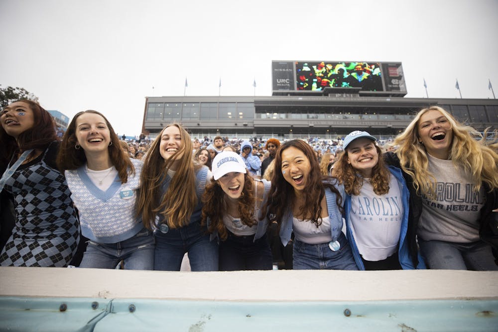 UNC students cheer for Carolina Football during a home game at Kenan Stadium against Virginia Tech on Saturday, Oct. 1, 2022.