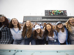UNC students cheer for Carolina Football during a home game at Kenan Stadium against Virginia Tech on Saturday, Oct. 1, 2022.