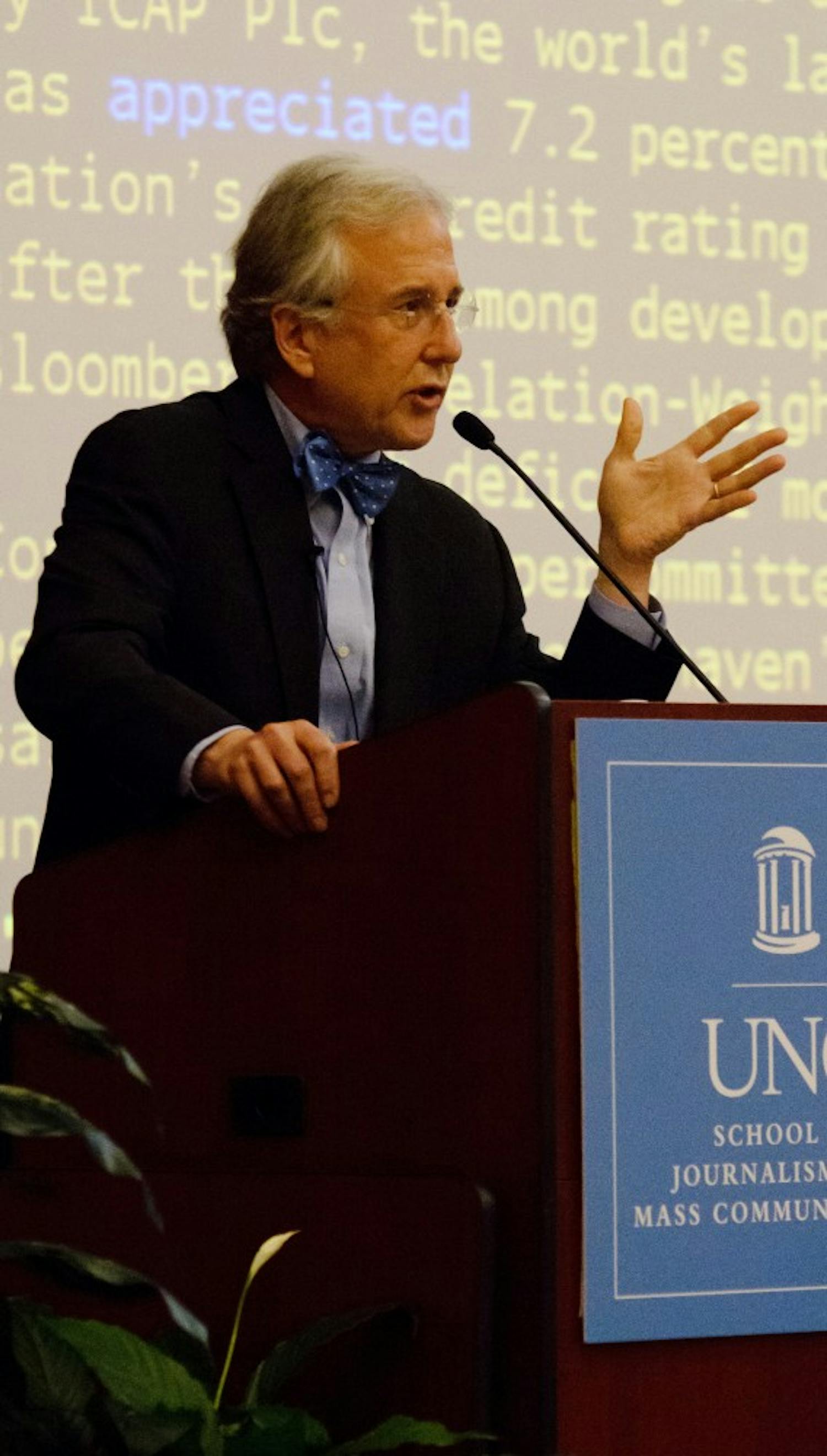 Matthew Winkler, Editor-in-Chief of Bloomberg News, addresses students and guests on the campus of The University of North Carolina at Chapel Hill on October 16th, 2012 in the George Watts Hill Alumni Center. Mr. Winkler's lecture was titled, "2012: The Economy Election".