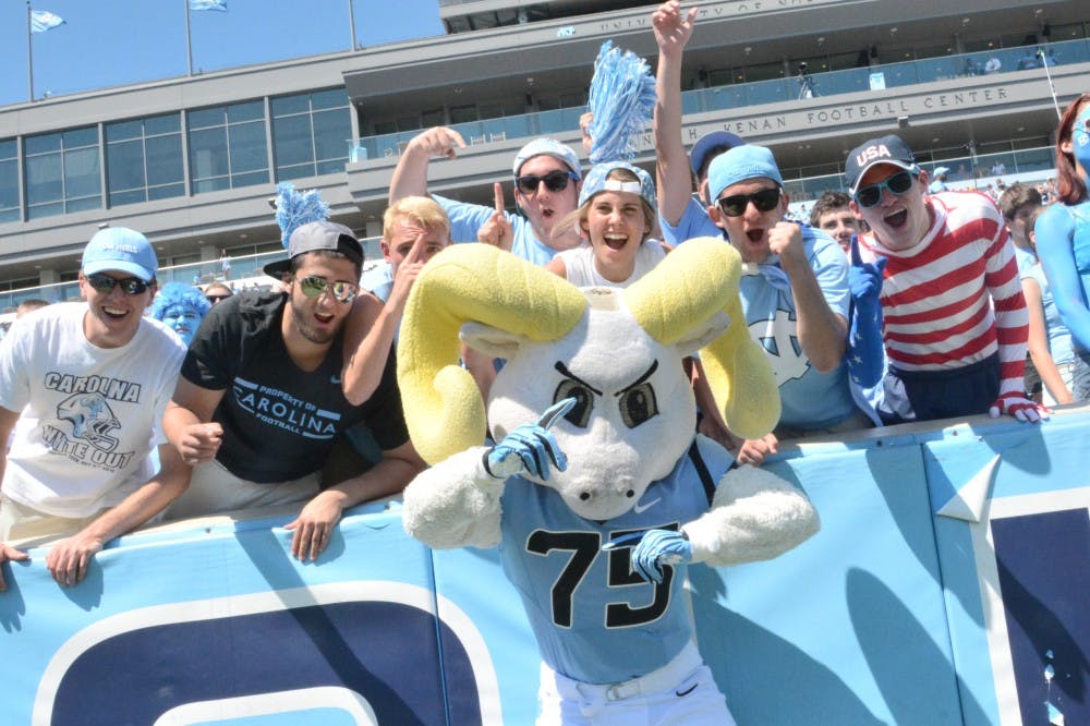 	Ramses and his fellow Tar Heels gather to show the Blue Raiders what team spirit is all about.