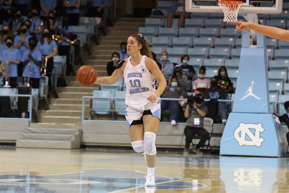 <p>Redshirt Junior Eva Hodgson (10) takes the ball down the court at the game against James Madison University on Dec. 5, 2021 at Carmichael Arena. The Tar Heels won 93-47.</p>
