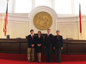 ASG Day at the N.C. General Assembly. Left to Right:Brandt Allen (Representative from WCU), Senator Kathy Harrington, (ginger) Jared Hopkins (Representative from WCU), Thomas Grimes (Representative from WCU) 