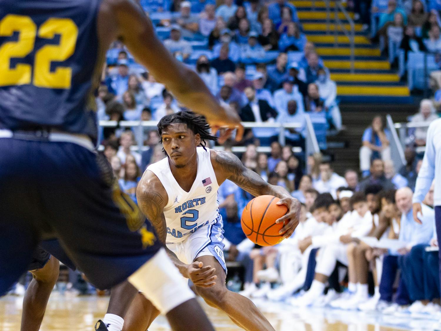 UNC junior guard Caleb Love (2) dribbles the ball during the basketball game against JCSU on Friday, Oct. 8, 2022.