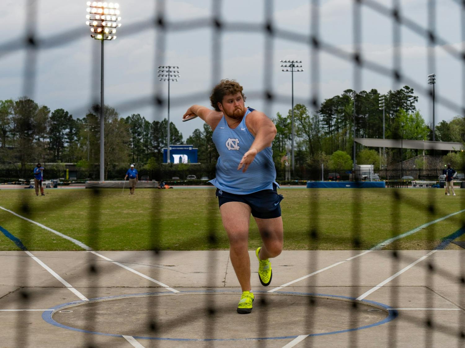 UNC first-year Spencer Williams throws the discus during the Duke Track and Field Invitational on Thursday, April 6, 2023, at Morris Williams Stadium.