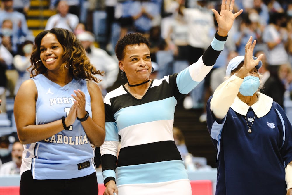 Synthia Scott Kearney is honored as a Tar Heel Trailblazer at halftime during the UNC. v. Florida State men's basketball game on Saturday, Feb. 12, 2022.