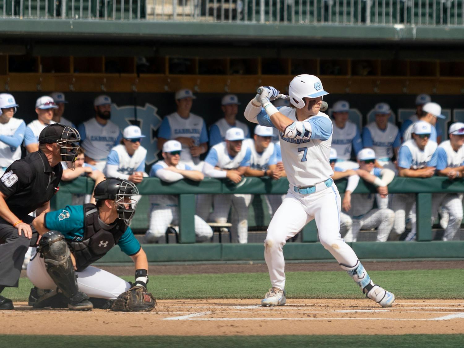 UNC sophomore Vance Honeycutt (7) waits for the pitch during the baseball game against Costal Carolina on Tuesday, March 27, 2023, at Boshamer Stadium. UNC fell to Costal Carolina 7-12.