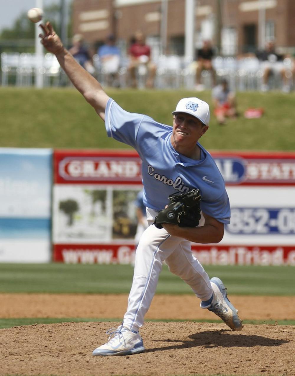 Trent Thornton delivers the ball. The Tar Heels used five pitchers to defeat NC State.