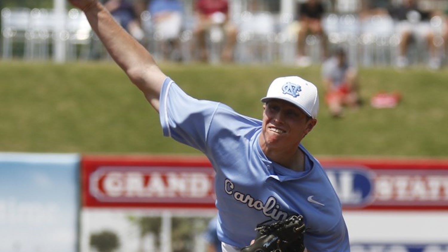 Trent Thornton delivers the ball. The Tar Heels used five pitchers to defeat NC State.