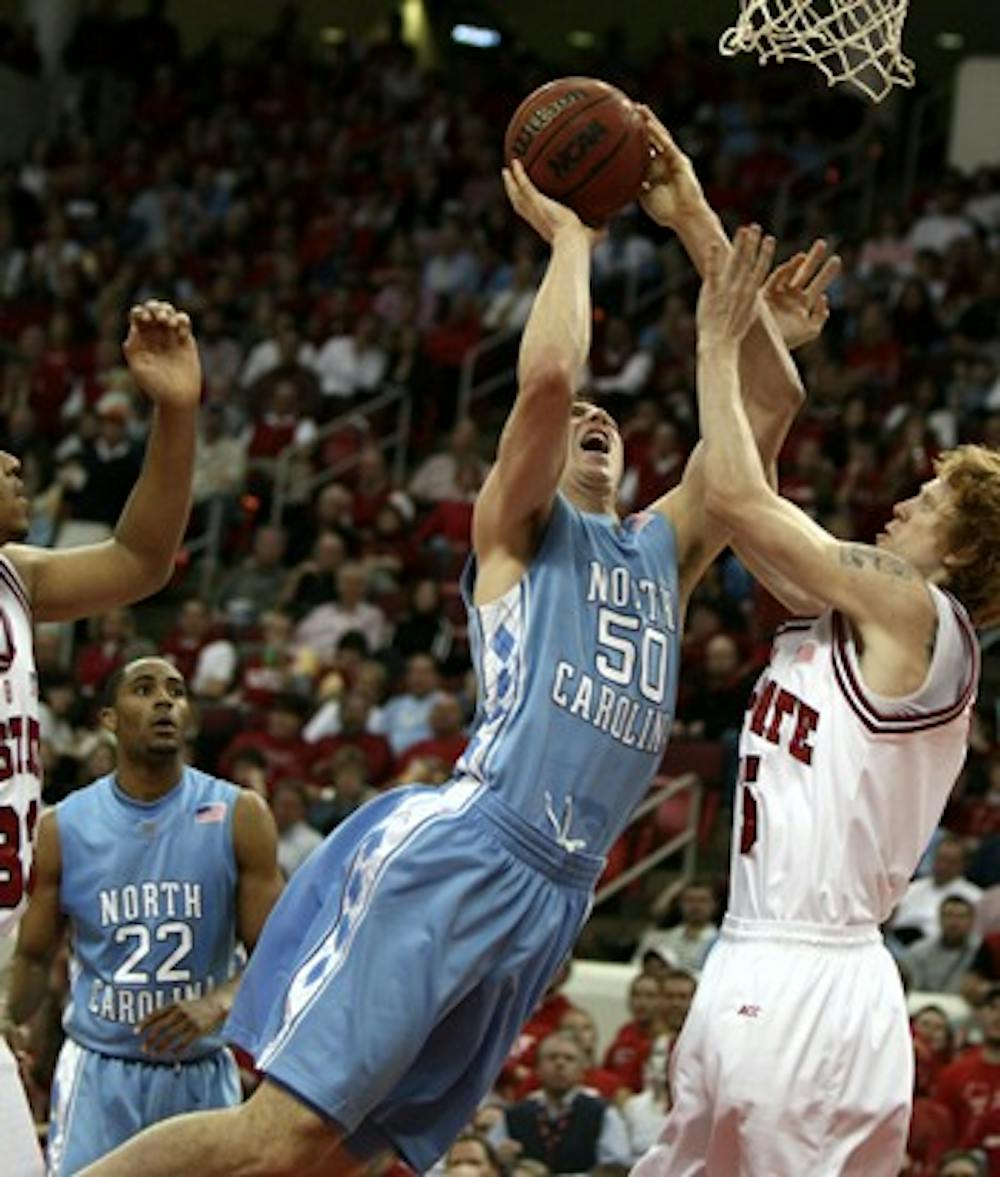 North Carolina's Tyler Hansbrough played 37 minutes in the Tar Heels' 84-70 victory against N.C. State on Wednesday night at the RBC Center.