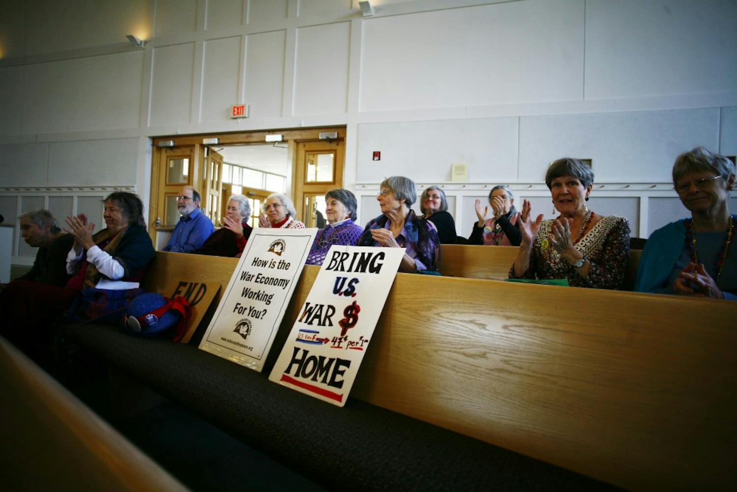 The Raging Grannies of Chapel Hill held a peace talk event called "Bring Our War Dollars Home" at the United Church of Christ of Chapel Hill on Saturday morning. More than a dozen community leaders spoke to the crowd, including Chapel Hill Mayor Mark Kleinschmidt, Representative David Price, N.C. Senator Ellie Kinnaird and UNC student Zaina Alsous.

The Raging Grannies clapped during and after every speaker and wore peace paraphernalia. 
