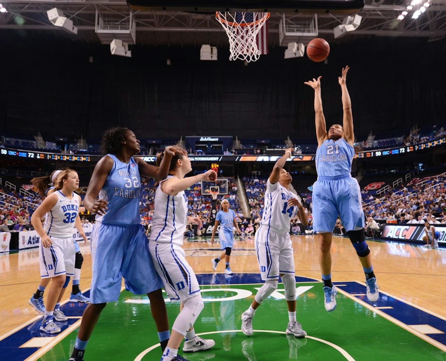 	Krista Gross, 21, takes a shot against Duke in the ACC Tournament championship game. Gross scored eight points in UNC’s 92-73 loss.