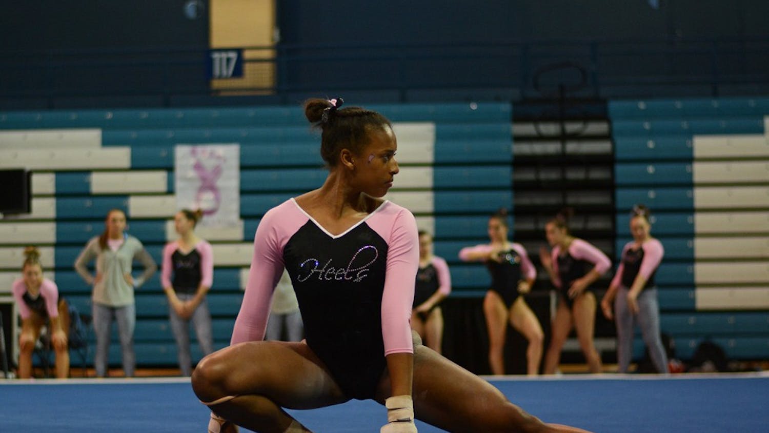 First-year Khazia Hislop&nbsp;performs her floor routine on Friday evening.&nbsp;
