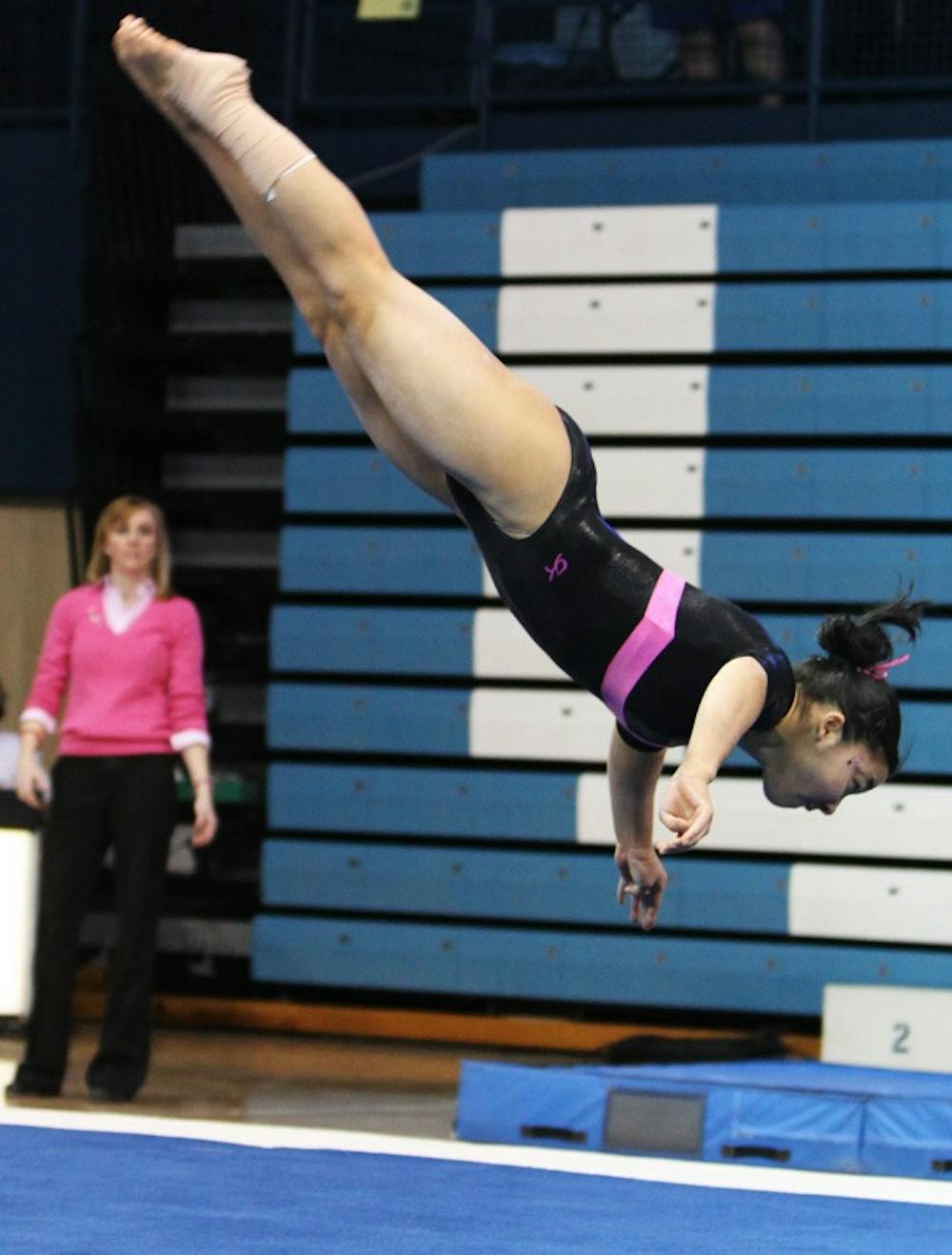 Christine Nguyen performed her floor routine in a Feb. 14 match against Maryland. DTH File/Phong Dinh