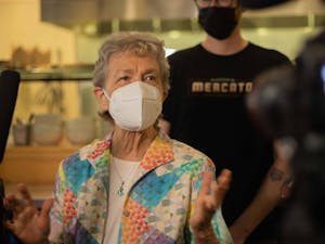 Rep. Verla Insko speaks Thursday at Pizzeria Mercato in Carrboro, which recently implemented a vaccination requirement to dine there.