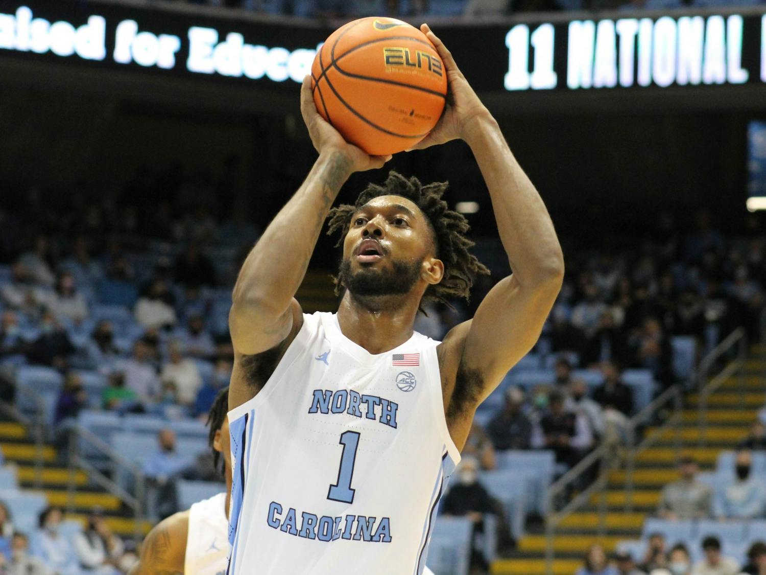 UNC senior guard/forward Leaky Black (1) fires a free throw during UNC men's basketball's 72-53 win against UNC Asheville on Tuesday, Nov. 23, 2021, in the Dean E. Smith Center. 