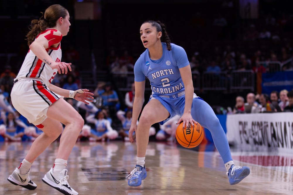UNC first-year guard Paulina Paris (2) dribbling the ball during UNC’s NCAA Tournament second-round game against the Ohio State Buckeyes in the Schottenstein Center in Columbus, Ohio on Monday, March 20, 2023.