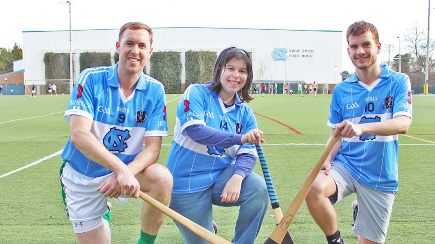 Sarah Holstein, Dara Ó hAnnaidh and Samuel Haddad practice Gaelic Football and Hurling Monday as part of The Irish Sports and Culture Club. 