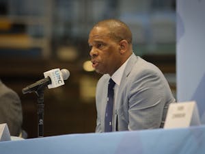 Hubert Davis, the head coach of UNC men’s basketball, speaks at a press conference on Tuesday, April 6, 2021. 