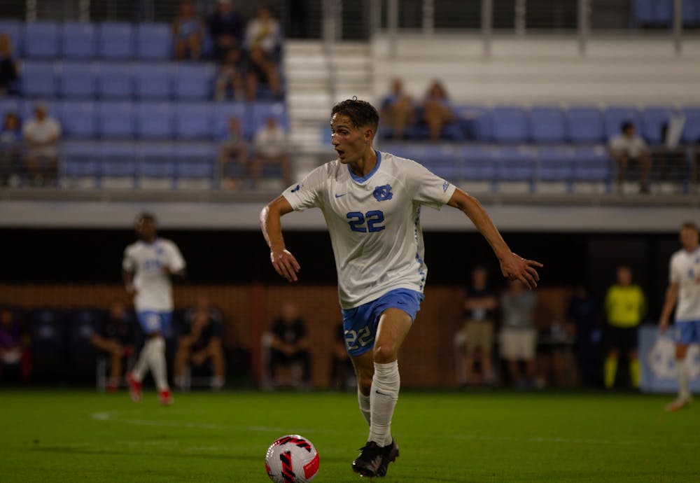 Milo Garvanian (22) prepares to kick the ball at the game against NC State on Oct. 3 at Dorrance Field. UNC won 4-0. 