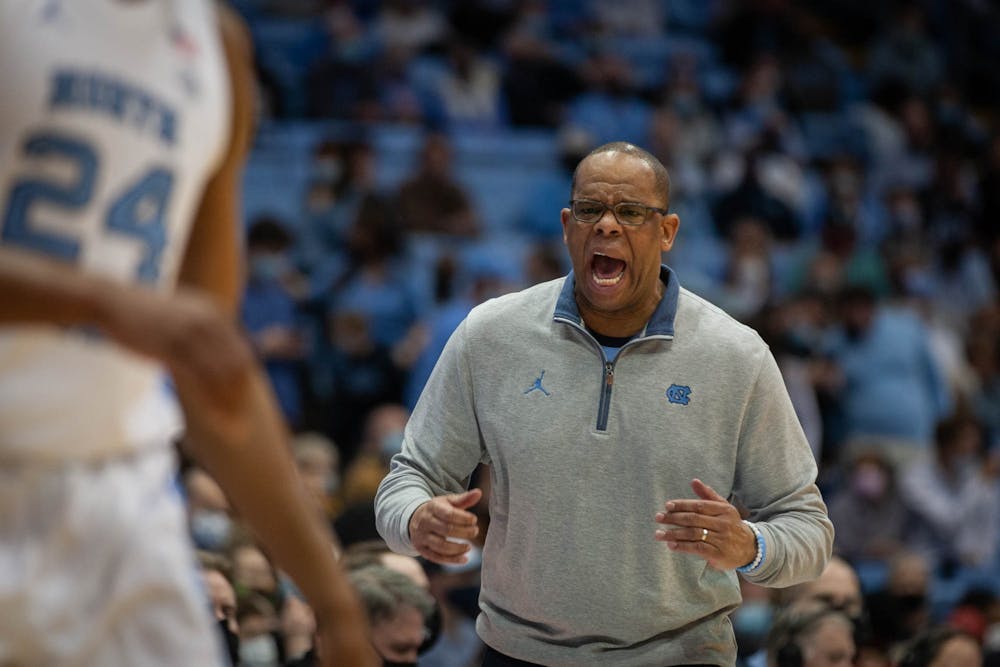 Coach Hubert Davis instructs his players during a basketball game against Georgia Tech on Saturday, Jan. 15, 2022. 