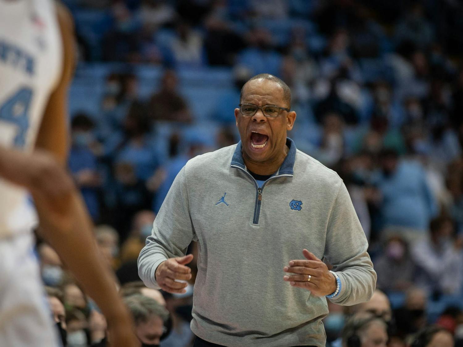 Coach Hubert Davis instructs his players during a basketball game against Georgia Tech on Saturday, Jan. 15, 2022. 
