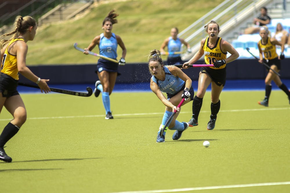 UNC fifth-year senior forward Erin Matson (1) receives a pass during a field hockey game against Appalachian State on Sunday, Aug. 14, 2022.