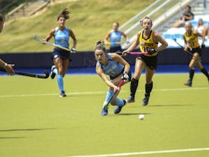 UNC fifth-year senior forward Erin Matson (1) receives a pass during a field hockey game against Appalachian State on Sunday, Aug. 14, 2022.
