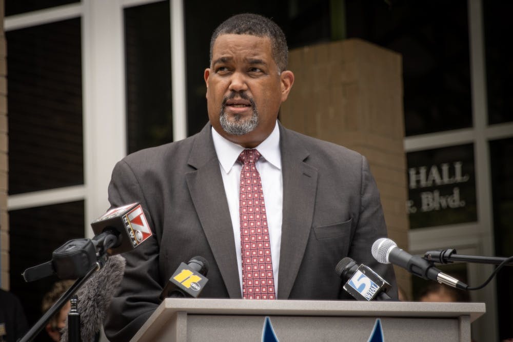 Maurice Jones, Chapel Hill town manager, speaks at a press conference Thursday, during which Chapel Hill police announced that an arrest has been made in the investigation of Faith Hedgepeth's murder in 2012.