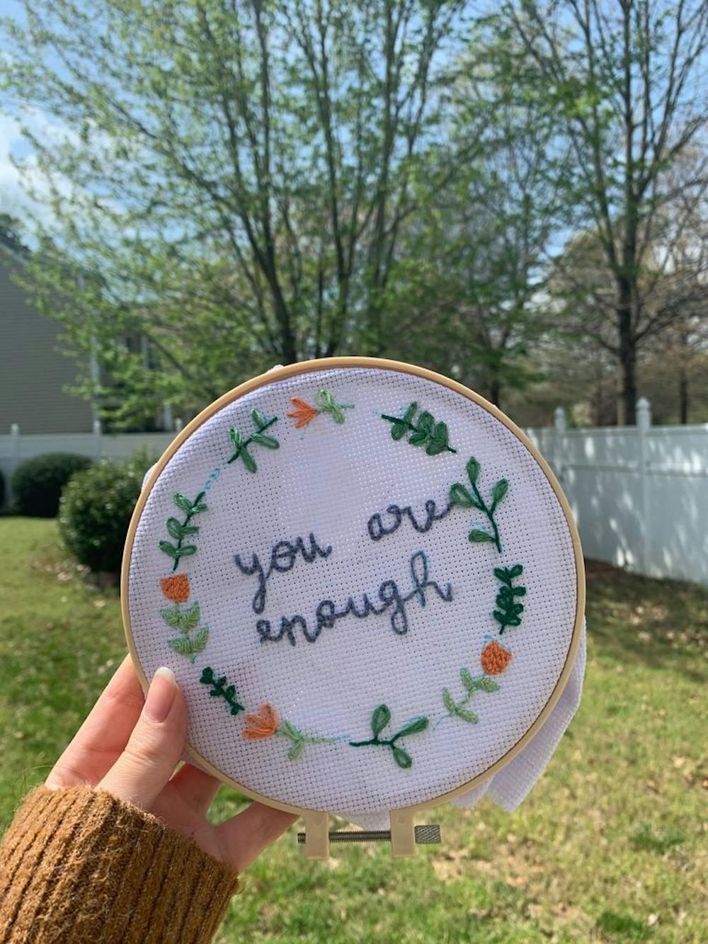 <p>Diana Godoy, a sophomore from Cornelius, N.C., said she now has more time to craft embroidery projects she received in a kit for Christmas during this period of online classes and social distancing. Photo courtesy of Diana Godoy.&nbsp;</p>