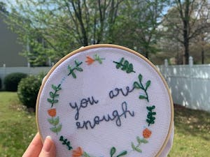 Diana Godoy, a sophomore from Cornelius, N.C., said she now has more time to craft embroidery projects she received in a kit for Christmas during this period of online classes and social distancing. Photo courtesy of Diana Godoy.&nbsp;