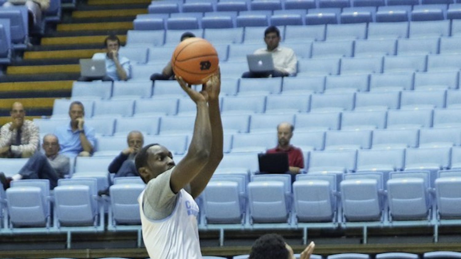 UNC forward Theo Pinson (1)&nbsp;pulls up for a shot over guard&nbsp;Nate Britt (0) during practice on&nbsp;UNC Media Day on October 11th. Pinson has since fractured his foot and is out indefinitely.&nbsp;