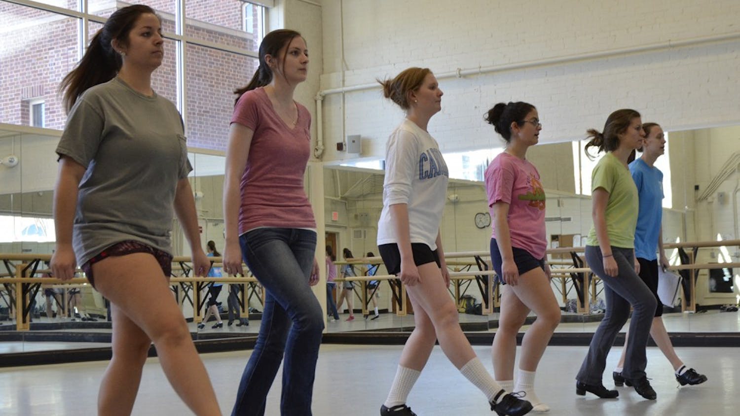 Members of The Carolina Irish Association practice in the dance studios below Woolen Gymnasium on Thursday for the group's upcoming Spring Showcase in the Student Union Great Hall on March 23rd. From left to rightBrianna Gallagher  Halie ReedOlivia BarnesEmma D'AgostinoOlivia DeSenaCaitlyn Carmean