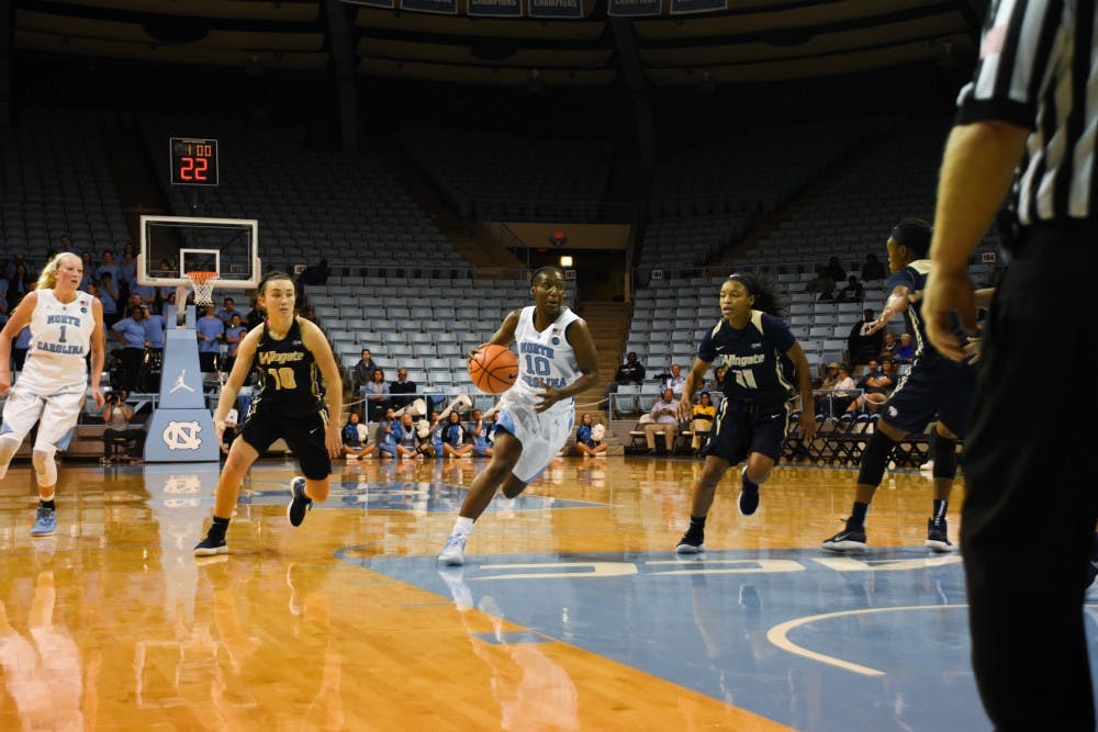 <p>Guard Jamie Cherry (10) drives toward the basket against Wingate on Wednesday in Carmichael Arena.</p>