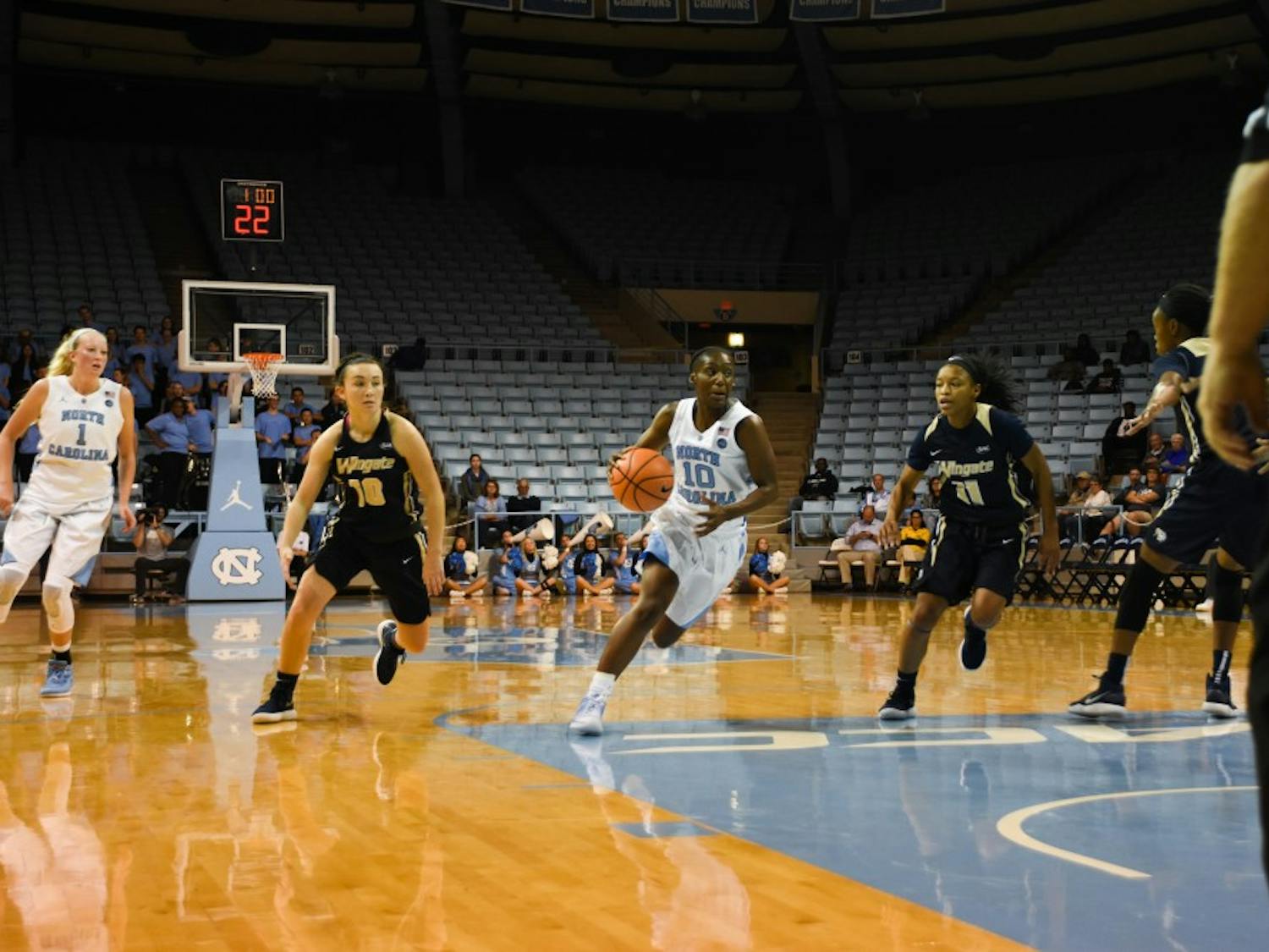 Guard Jamie Cherry (10) drives toward the basket against Wingate on Wednesday in Carmichael Arena.