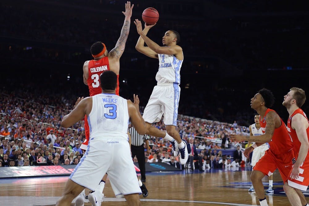 <p>Former North Carolina forward Brice Johnson (11) takes a shot against Syracuse on April 2, 2016, in the Final Four in Houston, Texas.</p>