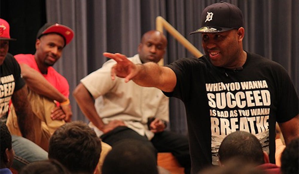 Eric Thomas a traveling motivational speaker and author gives a speech to students in the Great Hall Thursday night on September 12th.
