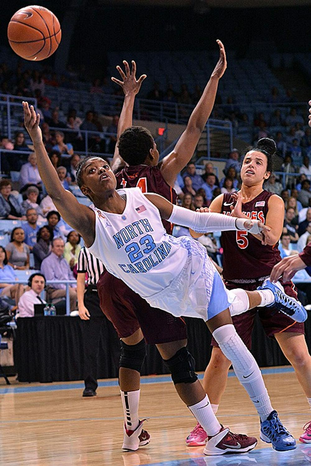 	UNC&#8217;s Diamond DeShields (23) flips up a shot after being fouled by Virginia Tech defenders. DeShields only had 8 points on 3-of-14 field goals.