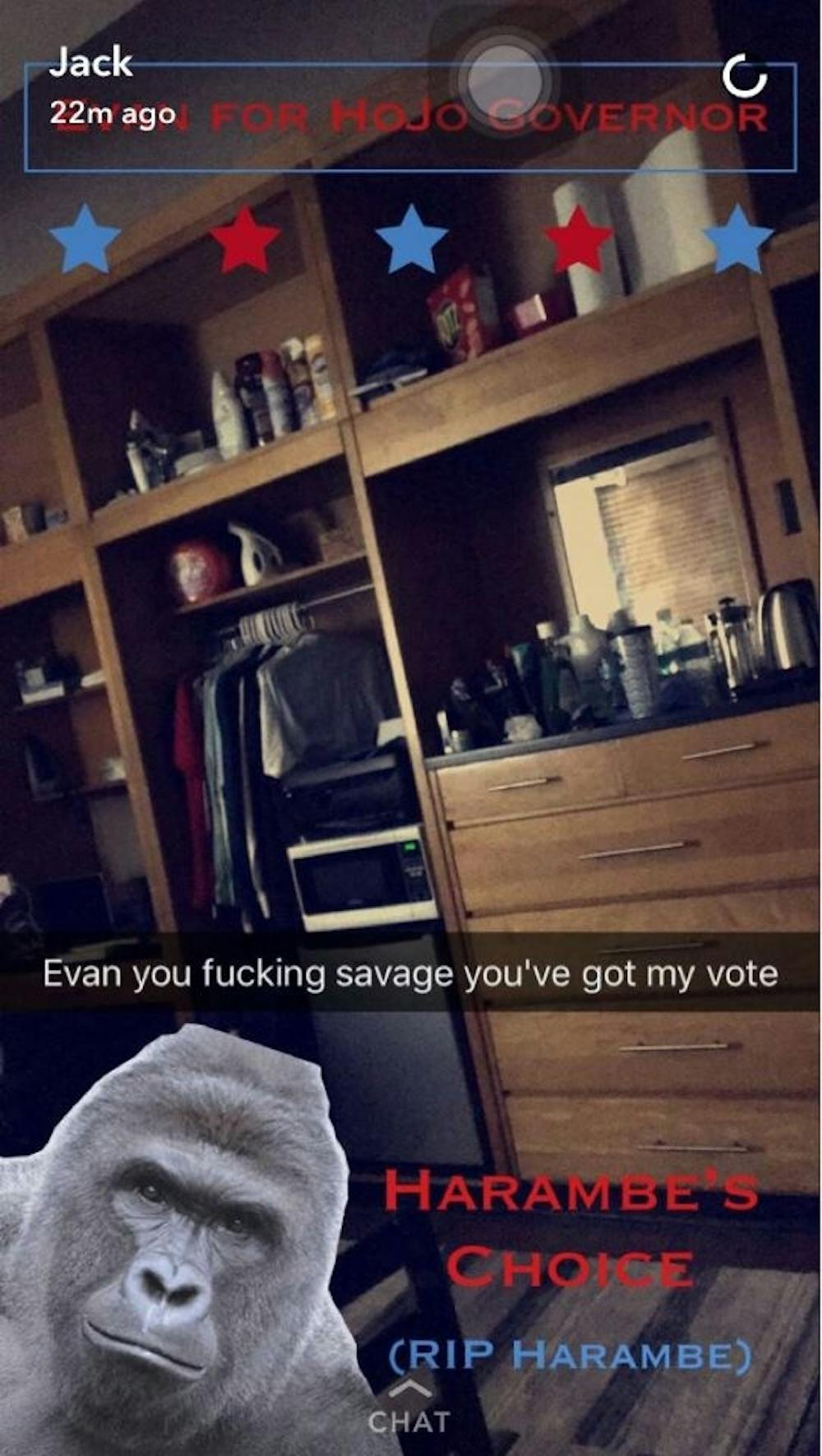 <p>Evan's Snapchat filter&nbsp;elicited&nbsp;a&nbsp;range of responses in the Hinton James dorm.</p><p>Courtesy of Megan Teems, first year</p>