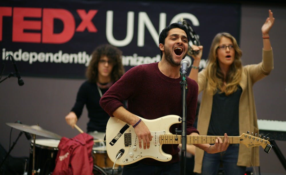 	Sam Khoujinian and other members of VIRGINS perform during last year’s TEDxUNC conference.
