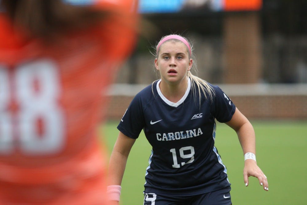 <p>Number 19, junior forward Alessia Russo, prepares for a Clemson player to throw the ball back into play during a game on &nbsp;Saturday, Oct. 5th, 2019. UNC beat Clemson 1-0.</p>