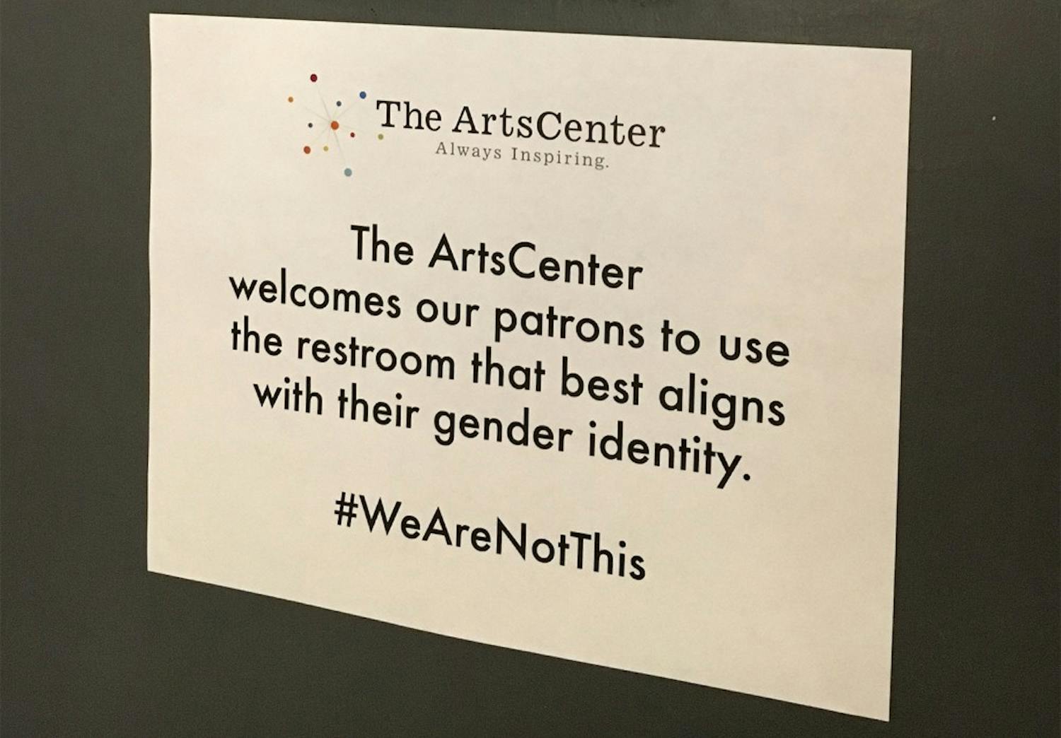 The ArtsCenter hangs signs in the bathrooms stating “#WeAreNotThis” in opposition to H.B. 2&nbsp;(courtesy of&nbsp;Patrick Phelps-Mckeown).