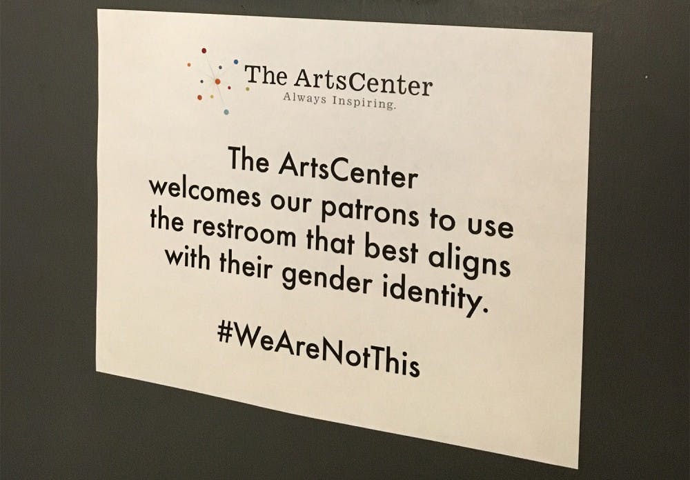 The ArtsCenter hangs signs in the bathrooms stating “#WeAreNotThis” in opposition to H.B. 2&nbsp;(courtesy of&nbsp;Patrick Phelps-Mckeown).