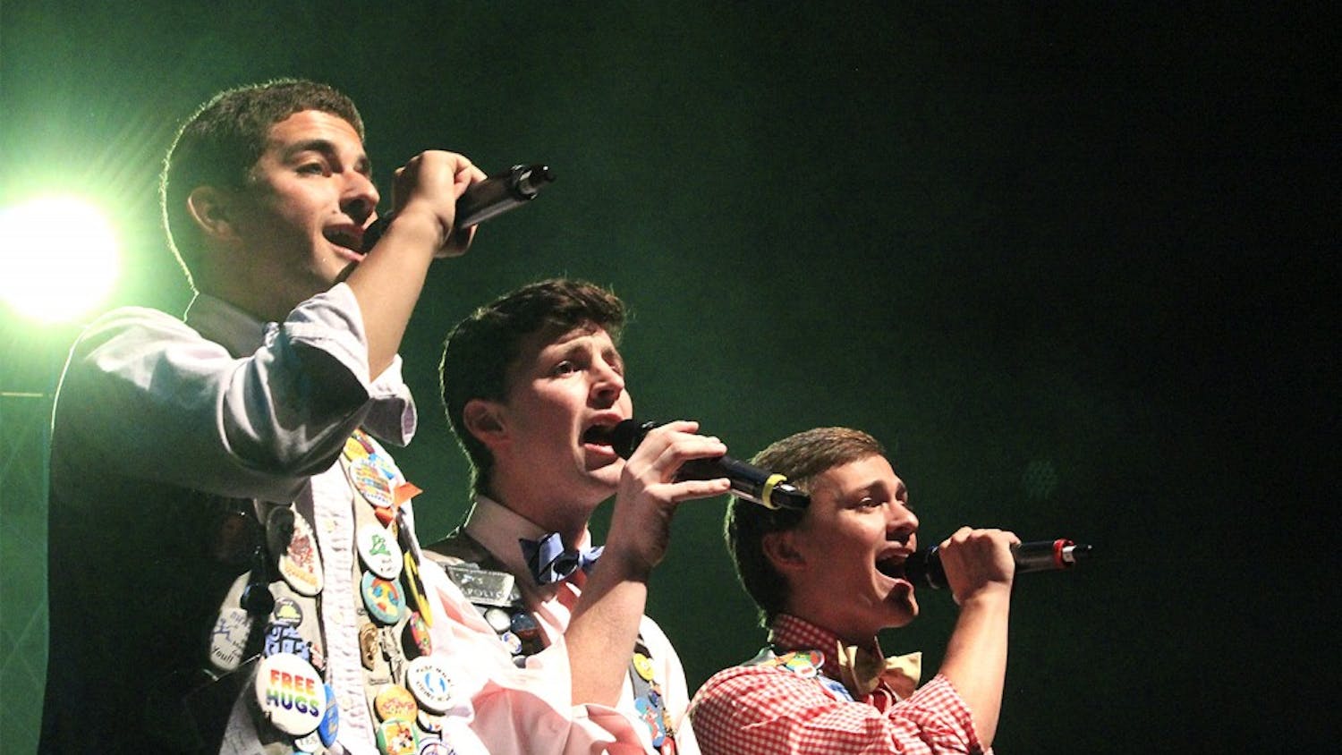 Jeff Popkin, Jason Hill, and Miles Herr (from left to right), members of the oldest A Capella group at UNC Chapel Hill, The Clef Hangers, perform their Fall Concert in Memorial Theater. 
