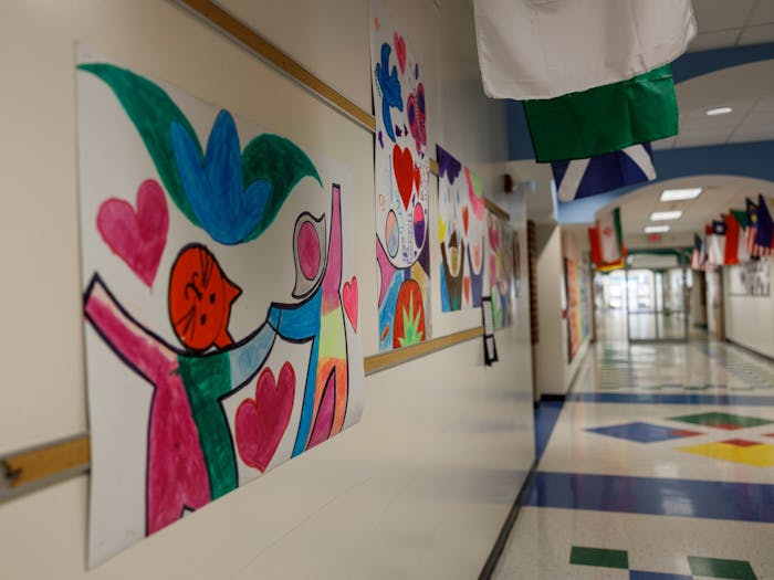 Art decorates the hallways of Mel and Zora Rashkis Elementary School on Monday, March 20, 2023. This month, students in CHCCS are participating in Youth Art Month.