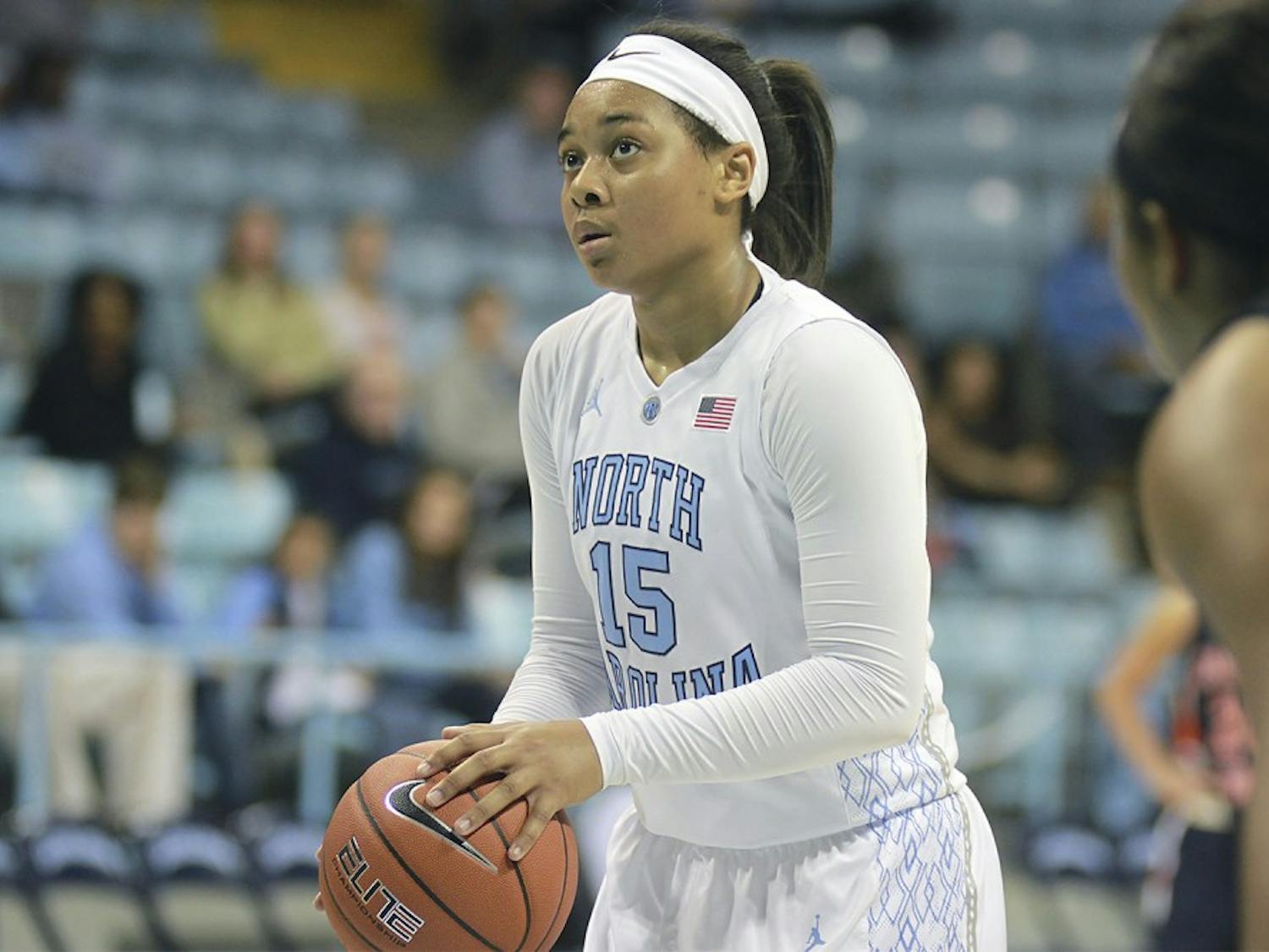 Sophmore guard Allisha Gray prepares to shoot a free throw during the tar heel's first exhibition game of the season.