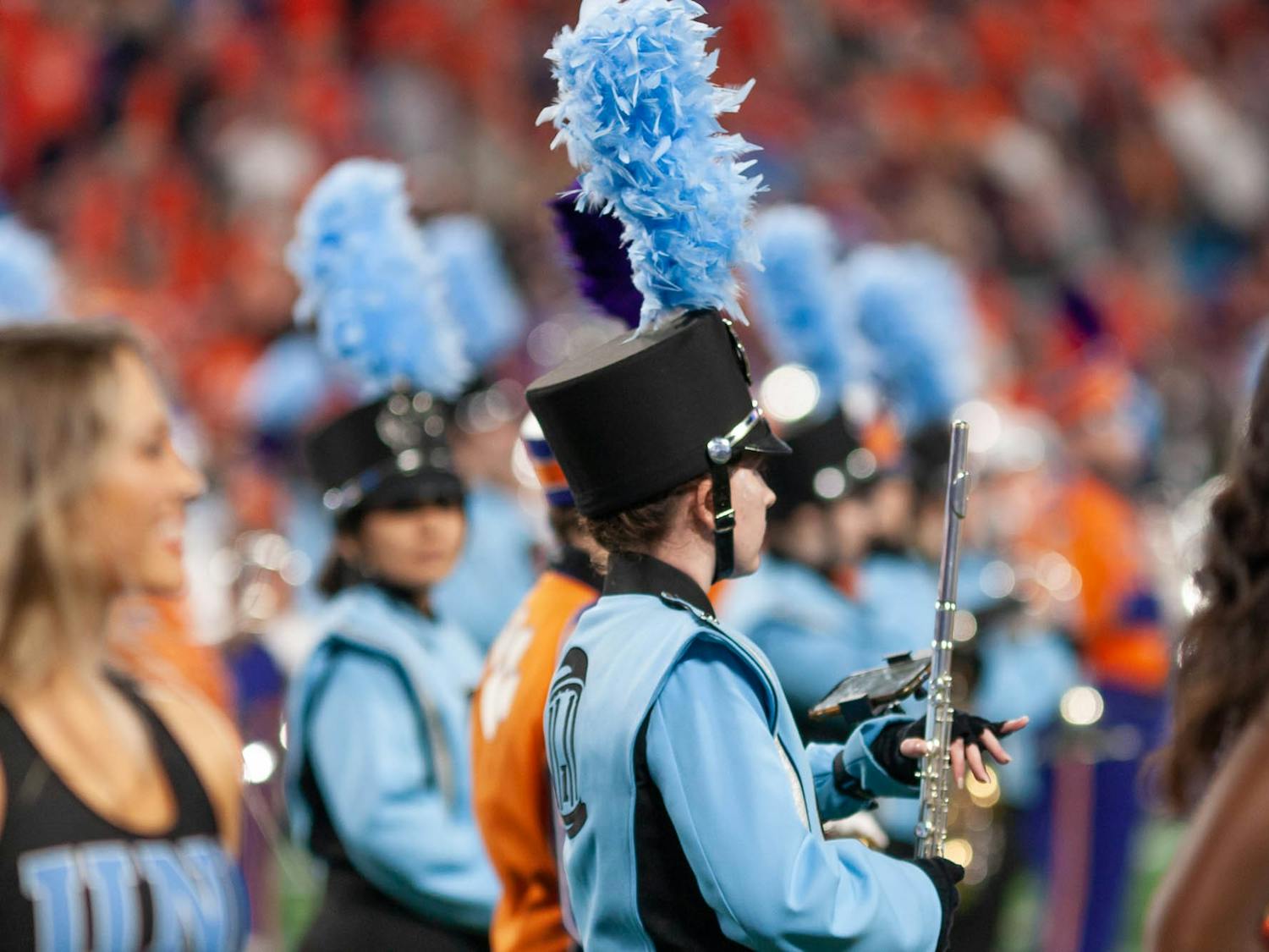 The Marching Tar Heels and the Clemson University Tiger Band prepare to play the Star Spangled Banner before the 2022 Subway ACC Football Championship Game against Clemson to begin at the Bank of America Stadium on Saturday, Dec. 3, 2022. UNC fell to Clemson 39-10.
