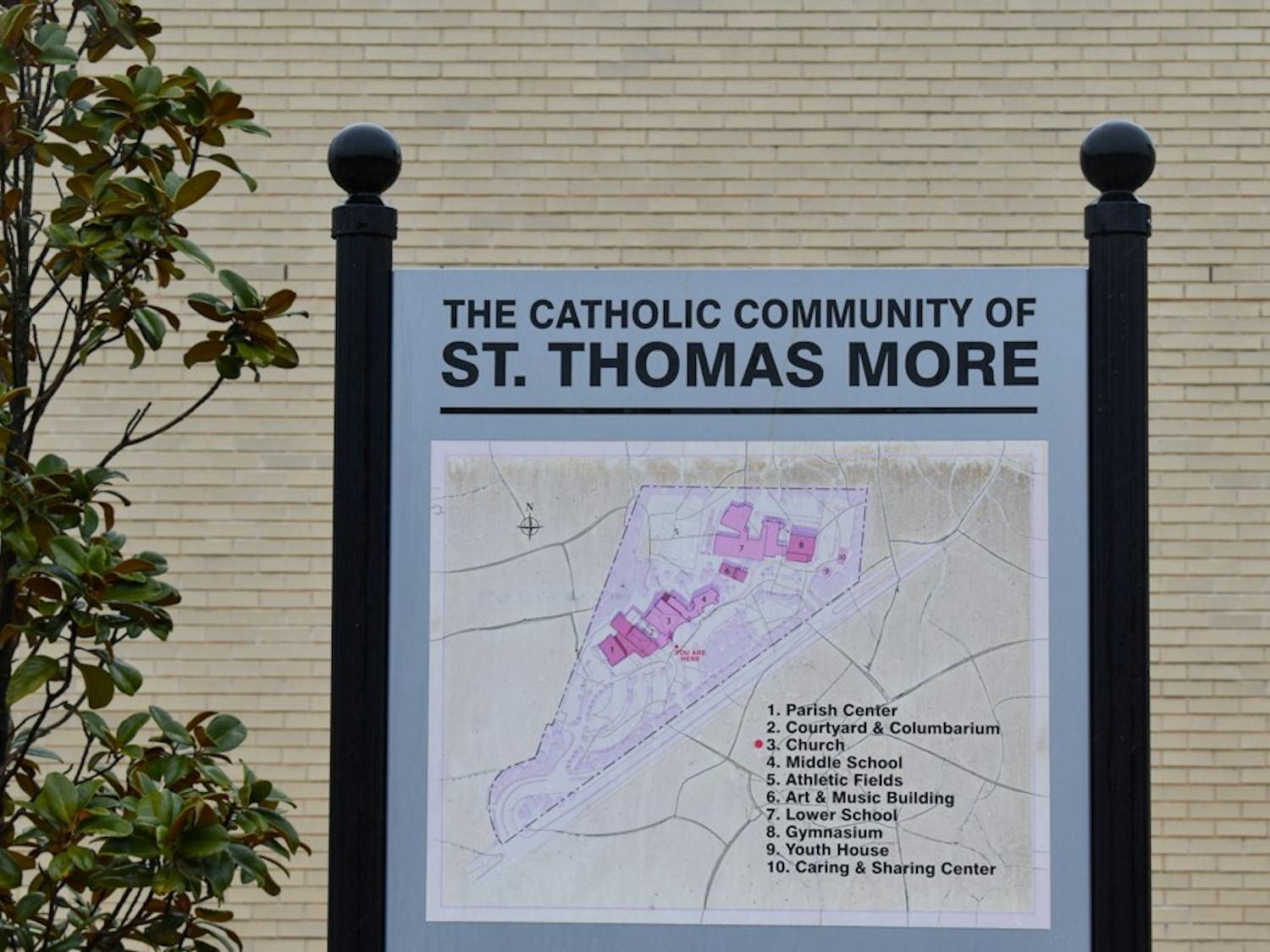 A sign in front of the St. Thomas More church is pictured in Chapel Hill, N.C., on Monday, Feb. 7, 2022.